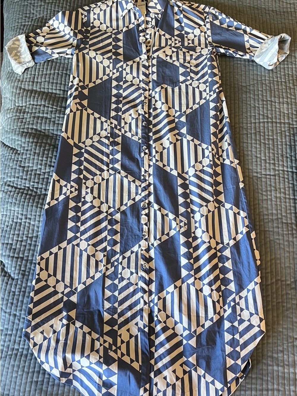 Anthropologie Navy and White Geometric Button-Front Long Sleeve Dress